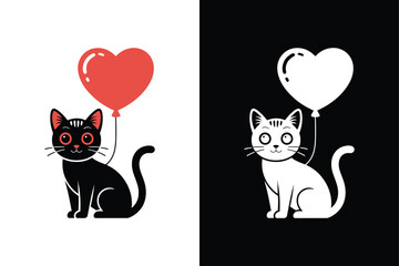 A cute cat holding a heart-shaped balloon icon vector style  with white background.