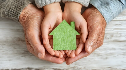 Hands of different generations holding a green paper house on a light wooden background, symbolizing family and eco-friendly home concept.