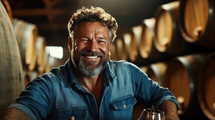 Obraz premium A smiling man in a casual denim shirt poses in a rustic winery, embodying the joy of winemaking amidst barrels, highlighting craftsmanship and a connection to tradition.