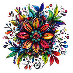Intricate half mandala illustration with radial floral motifs in bold black outlines and bright vivid colors on white background