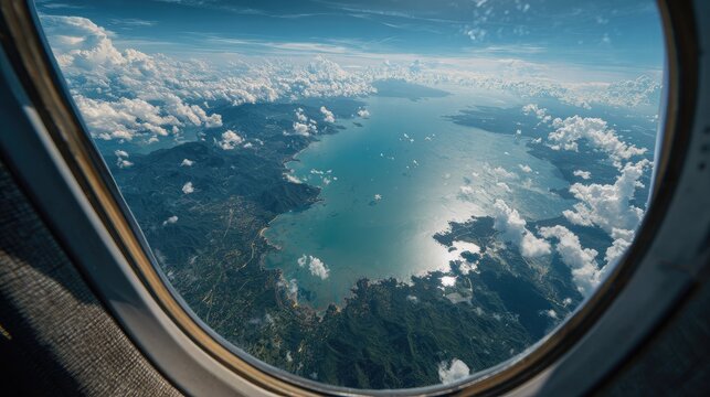Fototapeta Calm ocean with scattered clouds seen from plane window above tropical coast