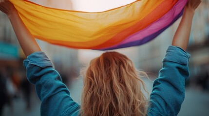 A woman joyfully raising a vibrant rainbow flag in a city setting, symbolizing pride and unity, capturing the spirit of inclusion and celebration of diversity and freedom.