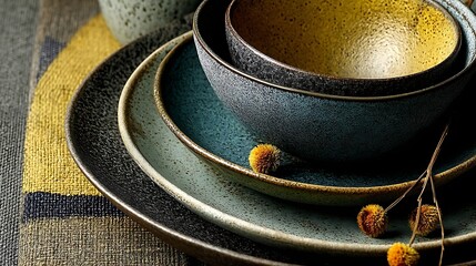 the image shows a stack of ceramic tableware in varying sizes and colors resting on a decorative fabric surface