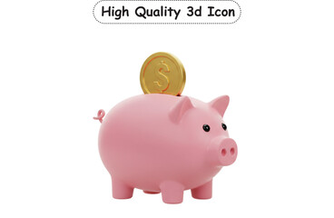Cute 3D piggy bank with a gold coin. This charming icon symbolizes saving money, personal finance, investment, banking for kids, budget planning, and financial security concepts.

