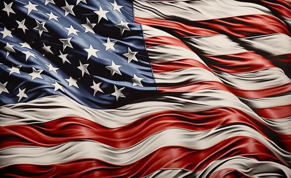 an american flag with white and black stars waving in the wind, in the style of detailed hyperrealism, stencils, zbrush, striped painting, torn, distressed edges, limited color range Generative AI