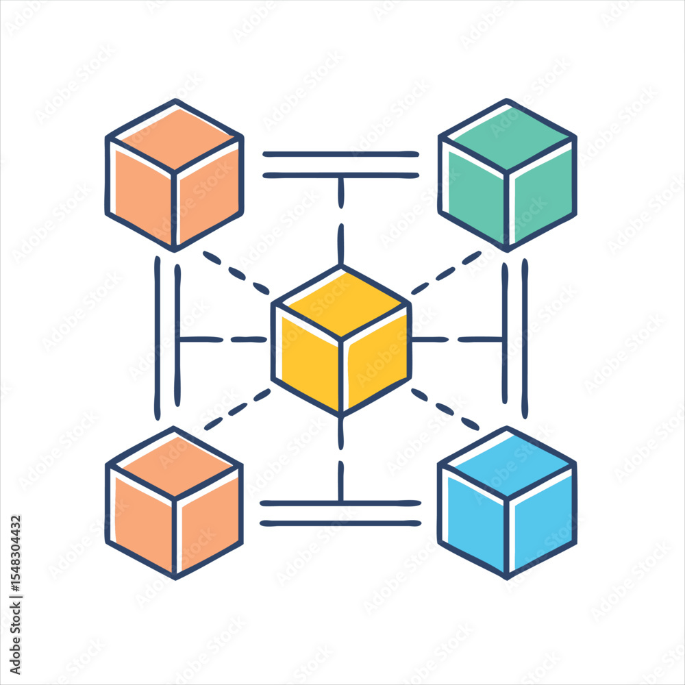 Poster interconnected network of colorful cubes representing blockchain or distributed technology