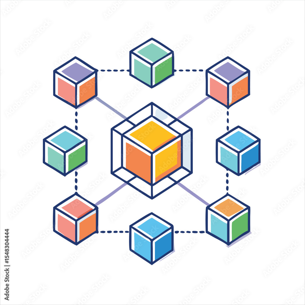 Poster illustration of a network of interconnected cubes representing a digital structure