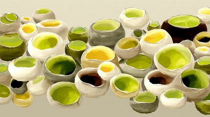 this image displays an arrangement of ceramic bowls with varying shapes and sizes. the bowls are mostly white or beige with some appearing gray