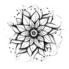 Mandala segment illustration featuring tribal petals leaves curls and dots drawn in ink and filled with eye-catching tones on white