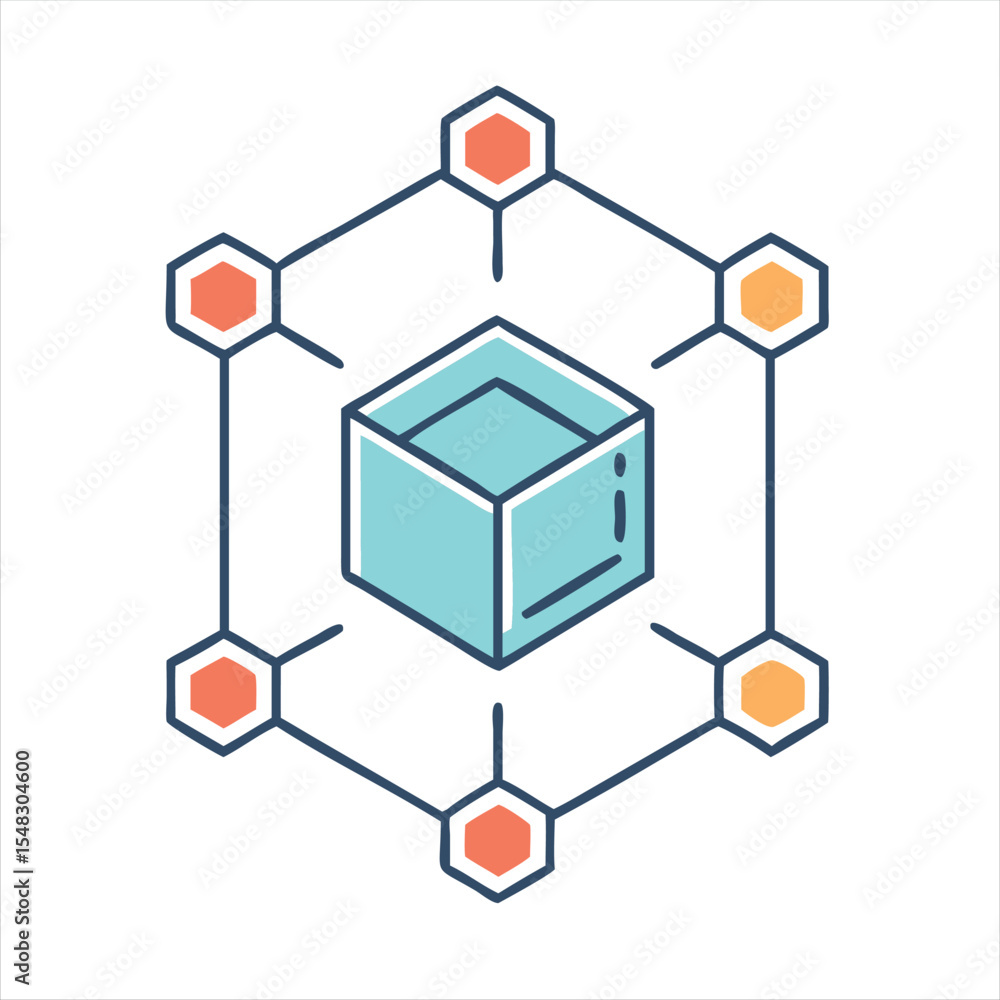 Poster decentralized data storage illustration with interconnected nodes and main cube block