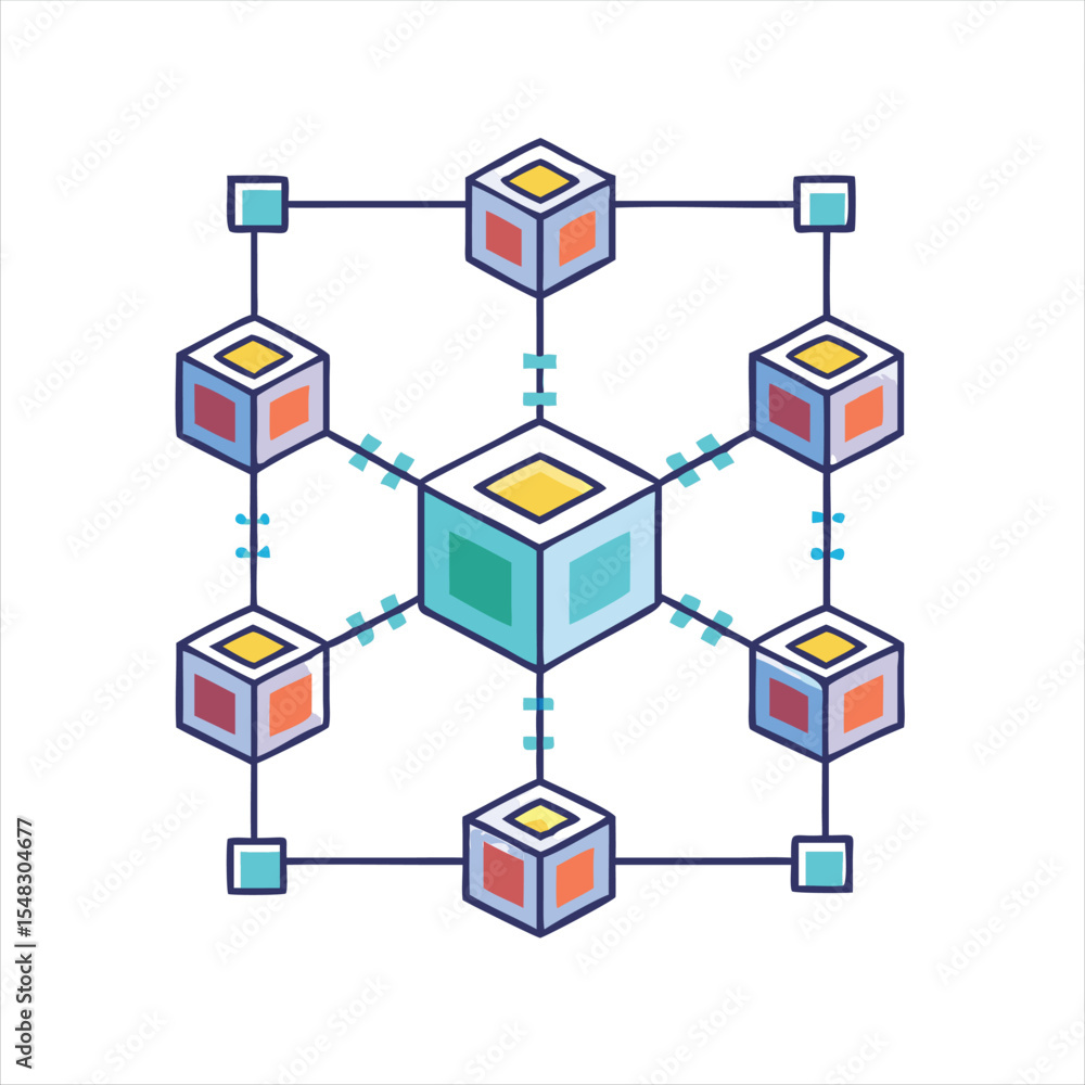 Poster network of connected cubes representing data, infrastructure, or blockchain technology concepts
