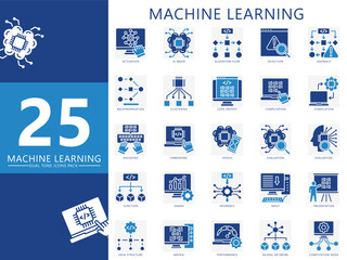 Machine learning dual tone color icons set. contain AI brain, algorithm, coding, data, performance, neural network, computation and more. Vector for UI, UX kit, web and app, education, industry tech.