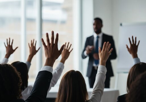 Business conference meeting seminar presentation workshop training audience raising hands question answer session