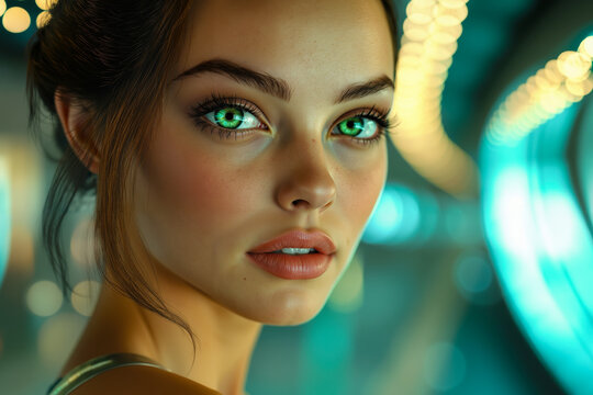 A close up of a woman with green eyes looking at the camera