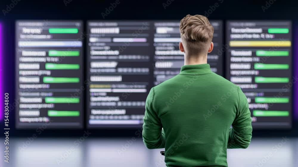 Poster a man in a green sweater studies multiple large digital screens displaying data and analytics in a m