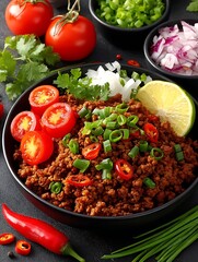 a black bowl overflows with seasoned crumbled ground meat, accented with sliced scallions, lime, chopped onion, and tomato pieces