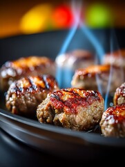 the image presents a close up view of small, round patties arranged on a dark, shallow pan