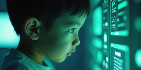 A curious asian boy gazes intently at a futuristic digital display, illuminated by vibrant green lights, showcasing technology and innovation in a modern environment.