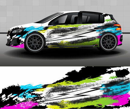 Fototapeta Cargo van wrap designs. Graphic abstract white, light green, pink and blue grunge stripes and black halftones on white background for car, rally, racing car. Camouflage design for vinyl car wraps.