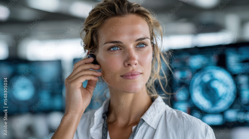 Poster a young woman communicates using a headset while focused on her tasks in a modern office setting. di