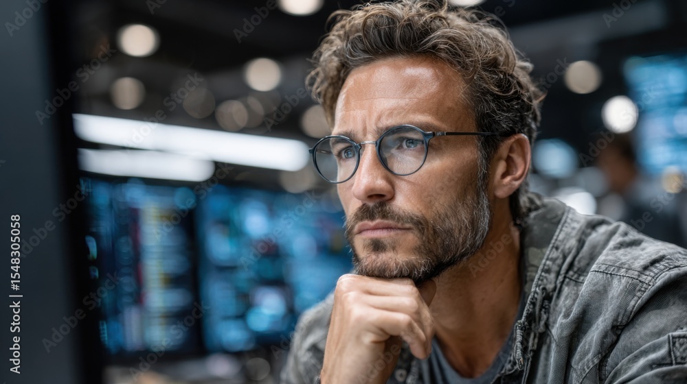 Poster a concentrating man with curly hair and glasses is engaged in computer work, sitting at a desk surro