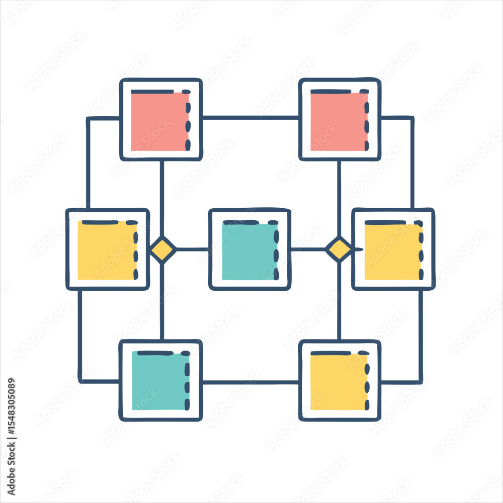 Poster interconnected flowchart illustration of data blocks with connection points and data placeholders