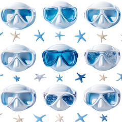 Minimal composition of snorkeling masks with lens reflections showing tiny beach icons, repeated over white
