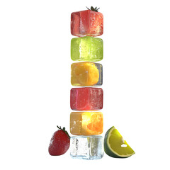 Monitor stand shaped like stacked fruit ice cubes, translucent and colorful, photoreal