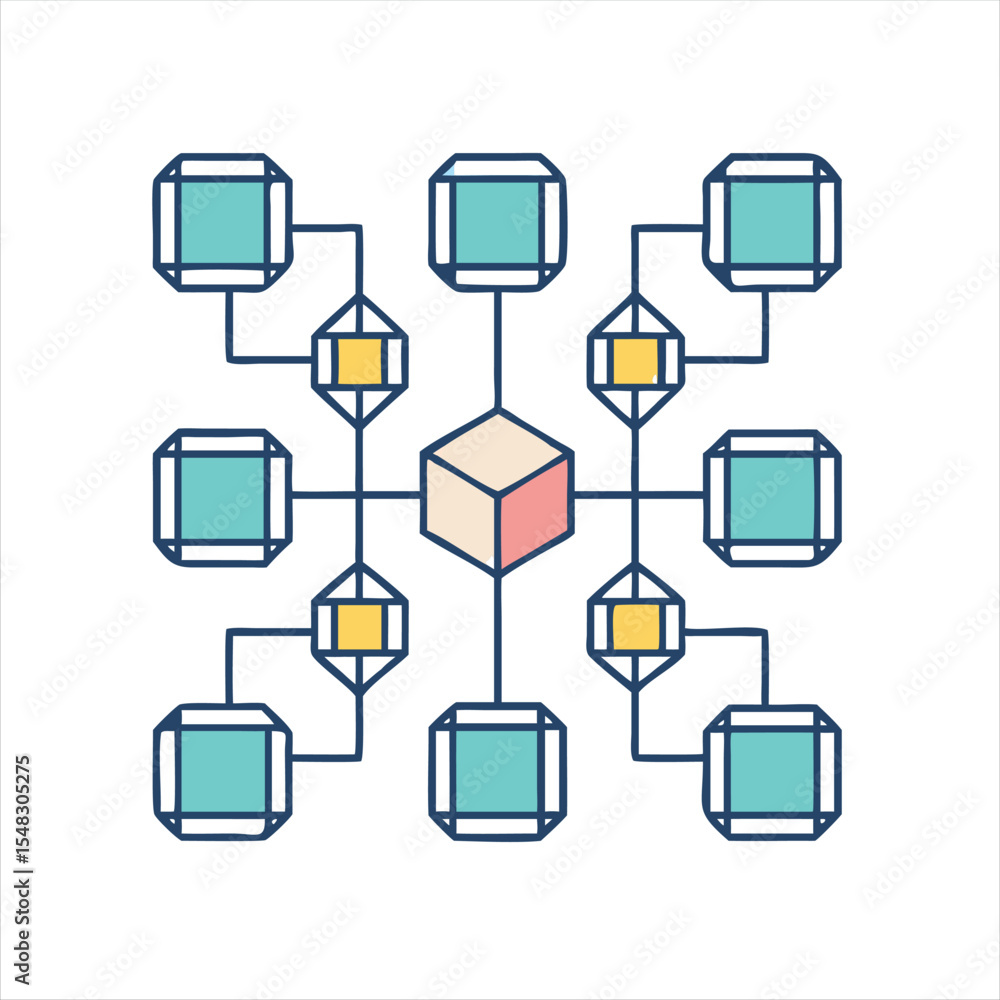 Poster interconnected network of nodes with a central cube connection point