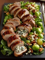 a platter of food is displayed, featuring sliced meat as the main element