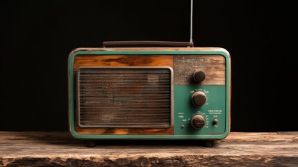 Obraz premium An artistic representation of a vintage radio placed on a rustic wooden table, capturing nostalgia and warmth of bygone eras with its unique design and classic appeal.