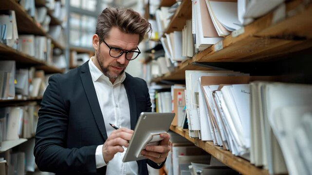 Focused professional man using tablet in archive room surrounded by neatly labeled folders and documents