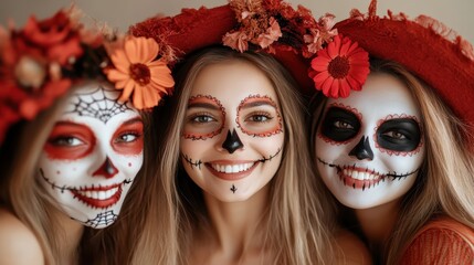 Three women adorned in colorful flower crowns and intricate makeup celebrate the Day of the Dead, expressing cultural pride and joy through vibrant and festive attire.