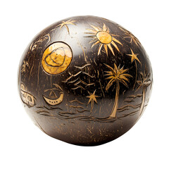 Paperweight made from polished coconut shell with embedded summer icons, clean isolated shot