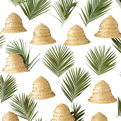 Pattern featuring mini summer hats woven from palm leaves, alternating sizes, on a white backdrop