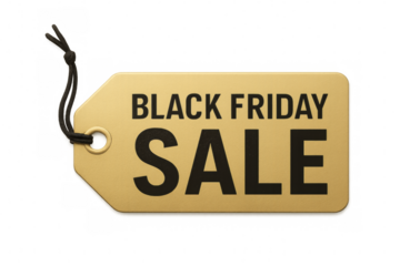 Golden black friday sale label hanging with string on transparent background