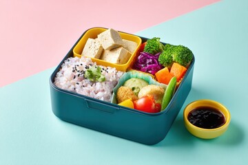 Bento Lunch Box with Rice, Tofu, Vegetables, and Sauce on Pastel Background