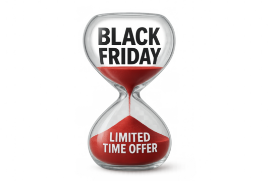 Black friday limited time offer with hourglass on transparent background