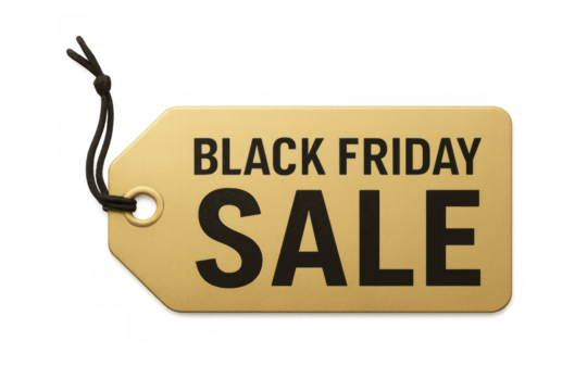 Golden black friday sale label hanging with string on transparent background - Powered by Adobe