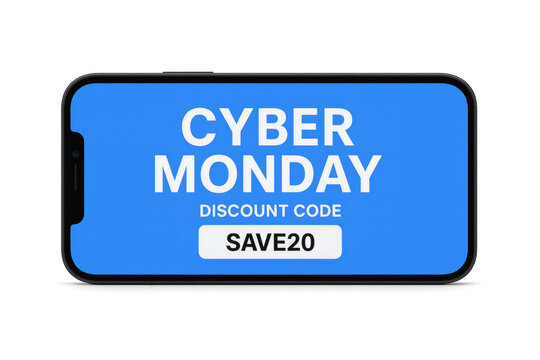 Smartphone showing cyber monday discount code on transparent background