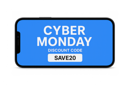 Smartphone showing cyber monday discount code on transparent background