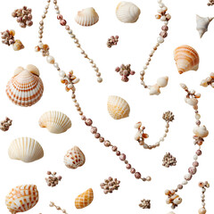 Pattern of statement necklaces made of polished seashells and dried berries, clean layout