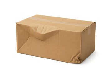 Damaged cardboard box on transparent background representing shipping problems
