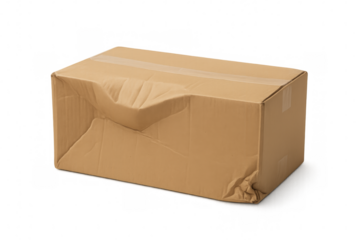 Damaged cardboard box on transparent background representing shipping problems