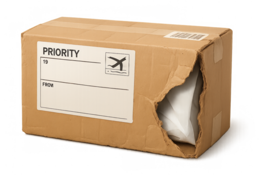 Damaged cardboard box with priority shipping label and transparent background