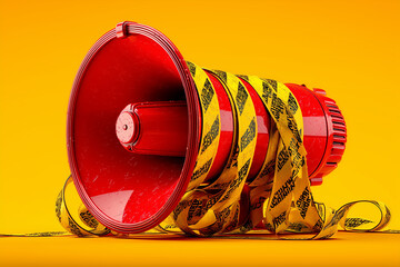 Megaphone in Danger: A vibrant visual metaphor where a bright red megaphone, wrapped with caution tape, symbolizes a potential safety issue or urgent announcement.