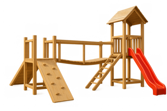 Wooden playground structure with red slide and climbing wall on transparent background