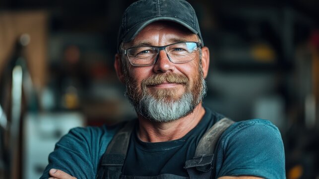 A confident middle-aged man with a well-groomed beard smiles warmly, embodying expertise and dedication while working in his bustling workshop filled with tools and materials. - Powered by Adobe