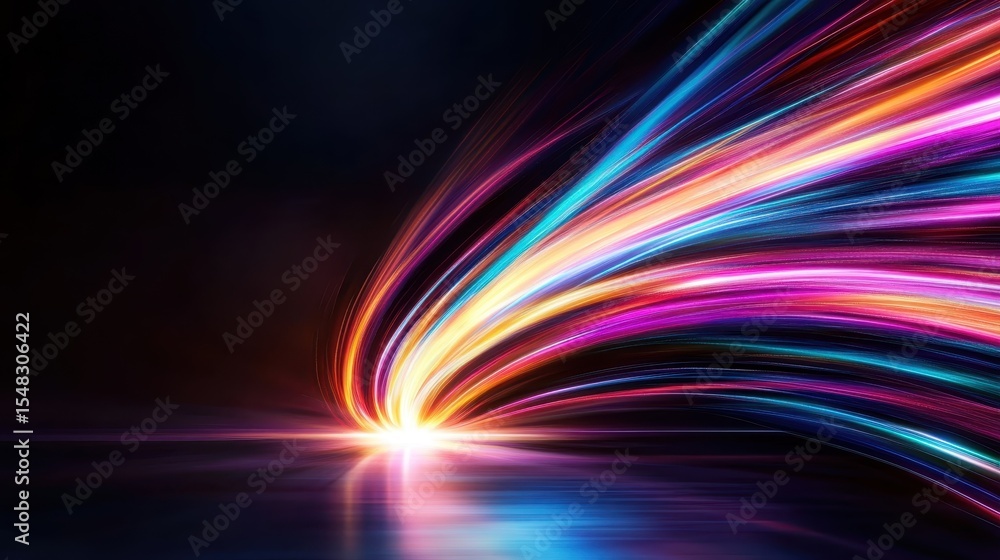 Poster a stunning abstract image portraying vibrant light trails in a colorful burst, creating a sense of m