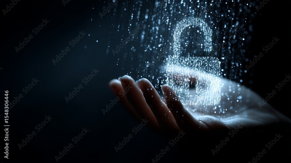 Poster digital security concept abstract padlock icon glowing in hand cyber data protection network technol